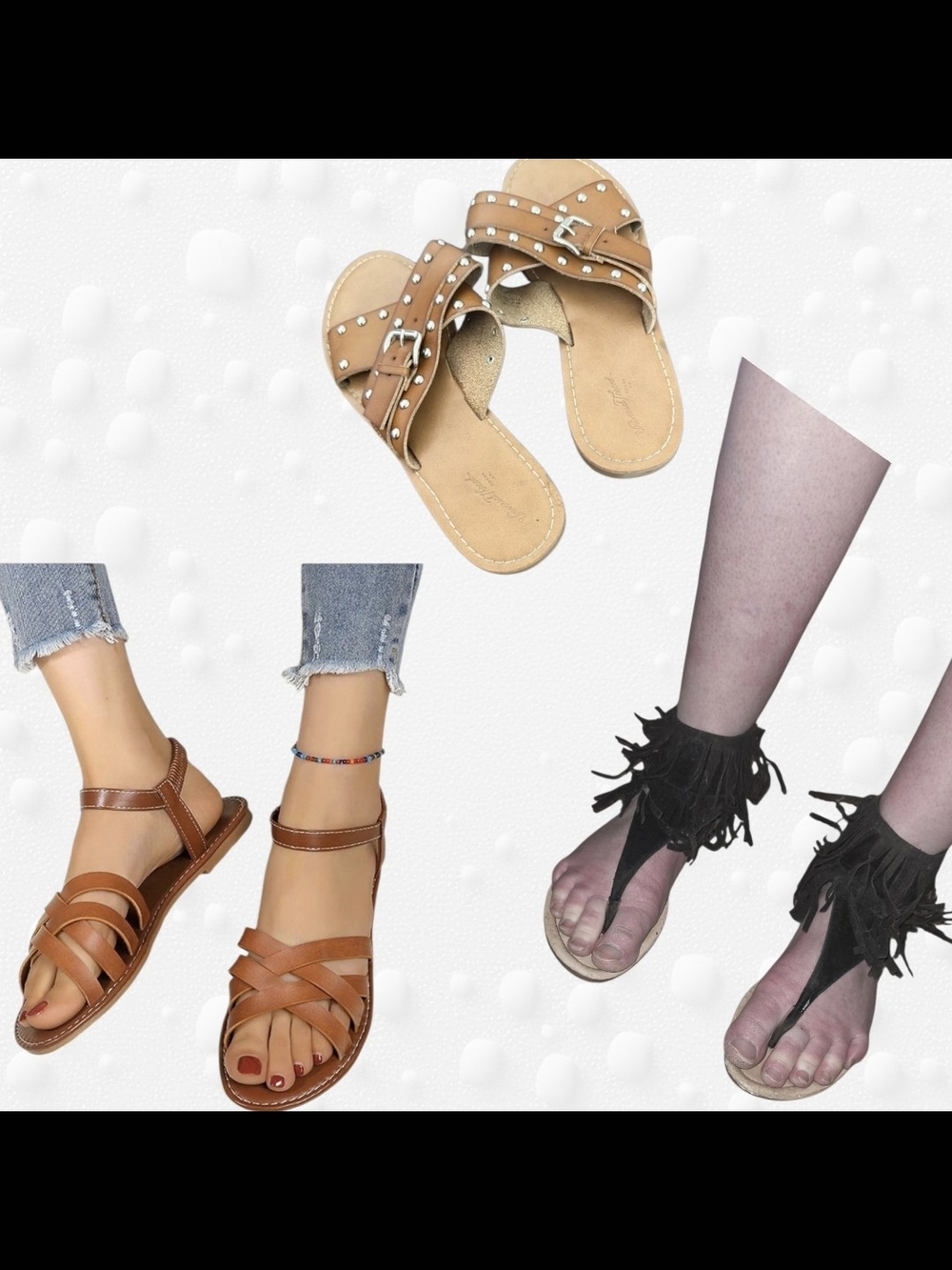 3 Women’s Tan Leather Slide Sandals with Studded Straps